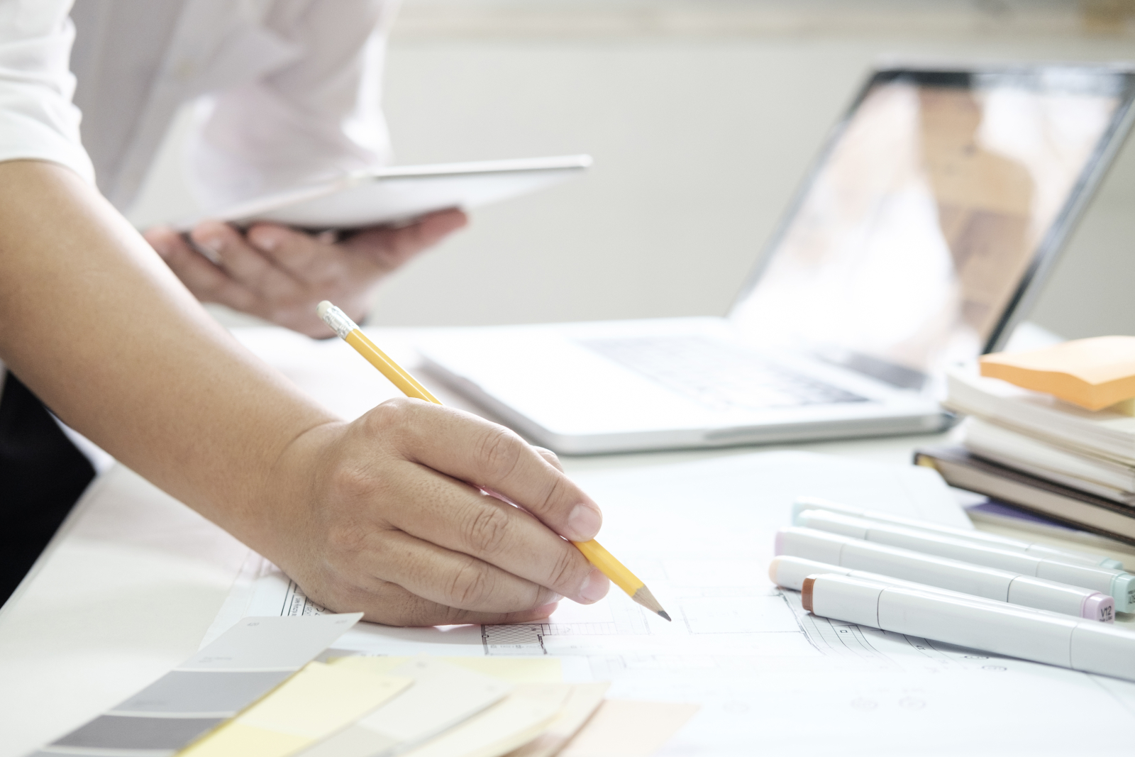 graphic-design-color-swatches-pens-desk-architectural-drawing-with-work-tools-accessories